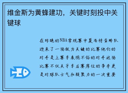 维金斯为黄蜂建功，关键时刻投中关键球