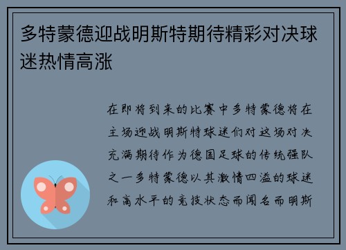 多特蒙德迎战明斯特期待精彩对决球迷热情高涨